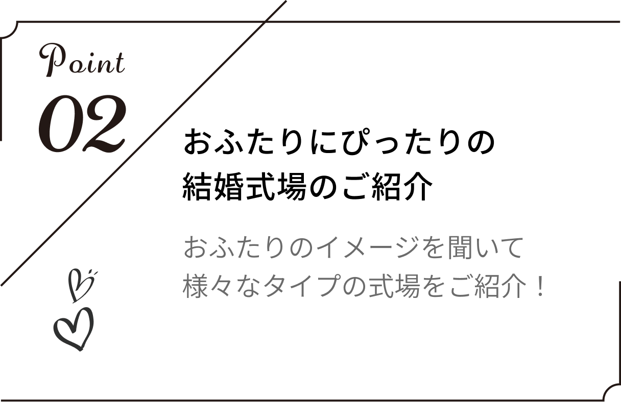 おふたりにぴったりの結婚式場のご紹介。おふたりのイメージを聞いて様々なタイプの式場をご紹介!